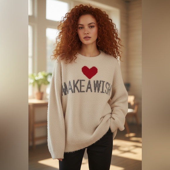 Tan heart “wish” Berber baby soft crewneck oversized - Picture 2 of 7